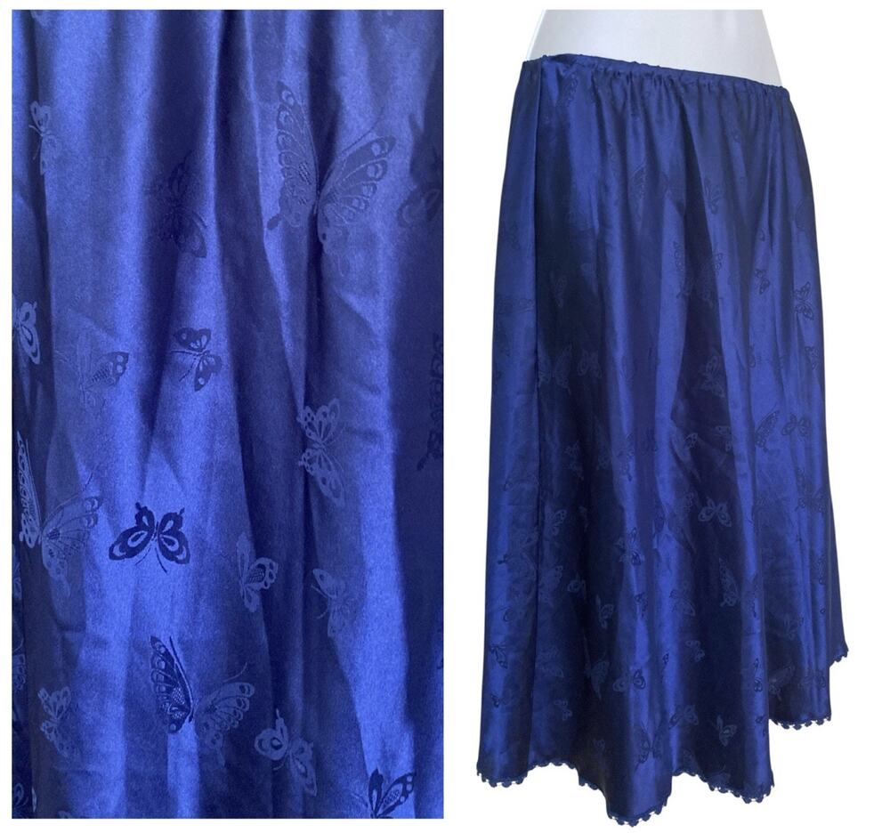 Vintage 90s Y2k Boho Fairy Grunge Blue Satin Butterfly Slip Midi Skirt Size S/M